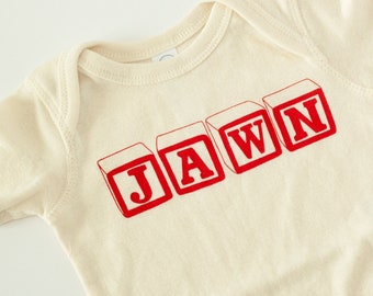 Philadelphia baby gift, Jawn alphabet blocks baby onesie, red Philadelphia souvenir baby bodysuit, philly baby shirt