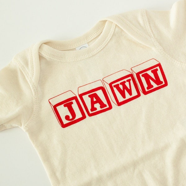 Philadelphia baby gift, Jawn alphabet blocks baby onesie, red Philadelphia souvenir baby bodysuit, philly baby shirt