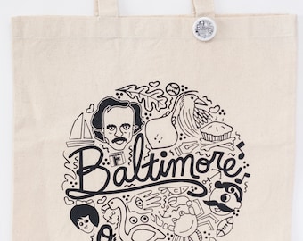 Baltimore stuff tote bag, Baltimore Maryland icons gift