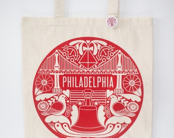 Philadelphia tote bag, red Philly icons tote bag featuring the Ben Franklin Bridge