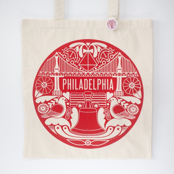 Philadelphia tote bag, red Philly icons tote bag featuring the Ben Franklin Bridge