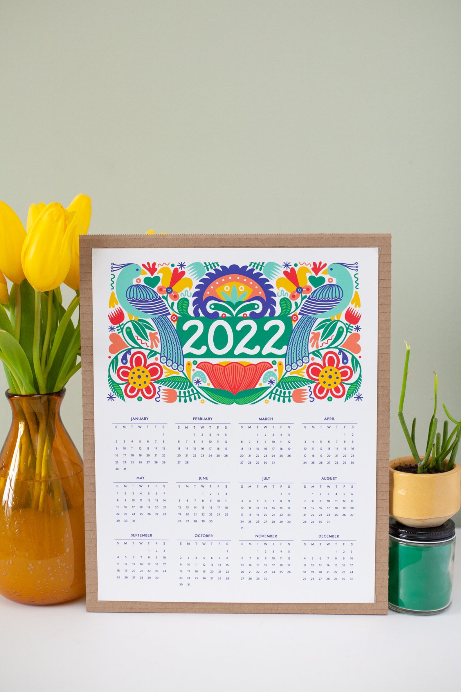 SALE 2022 One Page Calendar Folk Art Print 2022 Floral Etsy