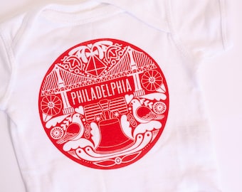 Philadelphia baby gift, Philly icons baby onesie, red Philadelphia souvenir baby bodysuit