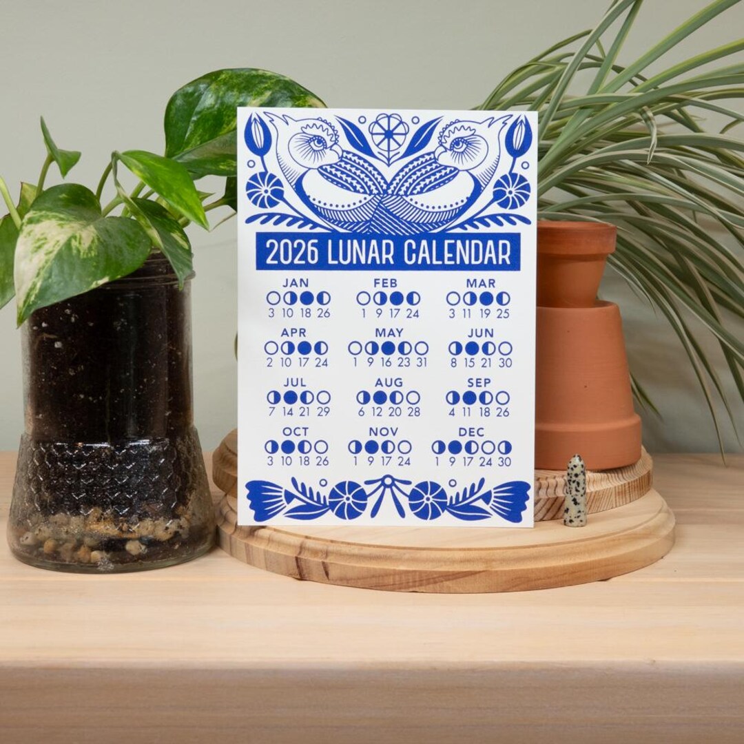 2026 Lunar Calendar With Owls- Handprinted Moon Phases Wall Art, Small ...