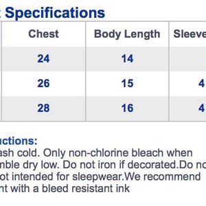 May include: A size chart for children's clothing with measurements in inches for chest, body length, and sleeve length. The chart includes sizes 2T, 3T, and 4T.