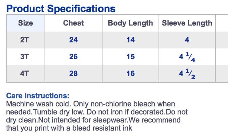 May include: A size chart for children's clothing with measurements in inches for chest, body length, and sleeve length. The chart includes sizes 2T, 3T, and 4T.