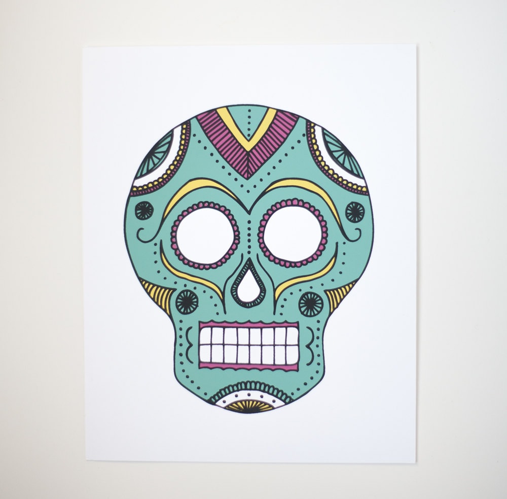Sugar skull art print teal sugar skull day of the dead art Etsy