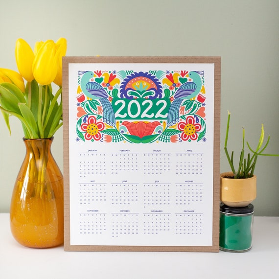 SALE 2022 One Page Calendar Folk Art Print 2022 Floral Etsy