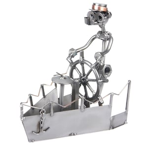 Nuts and bolts sculpture Captain With Boat - Handmade metal ornament figurine collectible