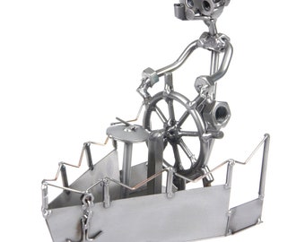 Nuts and bolts sculpture Captain With Boat - Handmade metal ornament figurine collectible