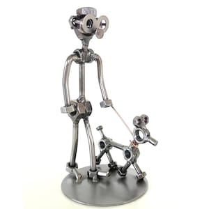Nuts and bolts sculpture Wolker with Dog - Me And My Dog - Handmade metal ornament figurine collectible