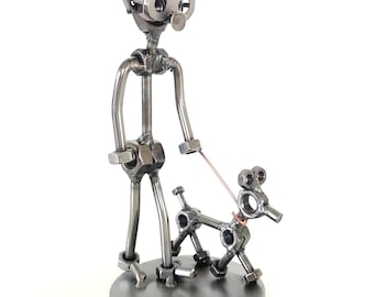 Handmade Nuts and Bolts Sculpture: Man and Dog Metal Figurine