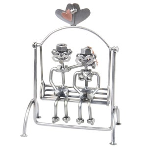 Nuts and bolts sculpture Lovers on a Seat - Handmade metal ornament figurine collectible