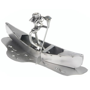 Nuts and bolts sculpture Canoeist Canoe Canadian - Handmade metal ornament figurine collectible