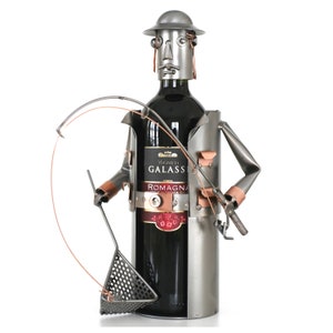 Nuts and bolts sculpture Wine Bottle Holder Fisherman - Handmade metal ornament figurine collectible