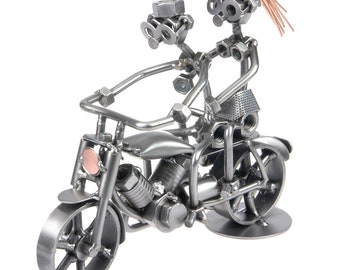 Nuts and bolts sculpture Motorcycle Man Woman 2 fig - Handmade metal ornament figurine collectible