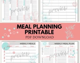 May include: Printable meal planning template with a pink and blue floral design. The template includes a grocery list, meal prep planner, and weekly meal planner.