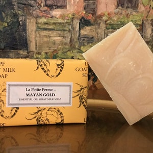 Mayan Gold goat milk soap Patchouli Plumeria Orange essential oils, gift for her, gift for him, gift under 10, groomsmen gift, Florida