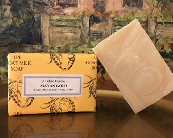 Mayan Gold goat milk soap Patchouli Plumeria Orange essential oils, gift for her, gift for him, gift under 10, groomsmen gift, Florida