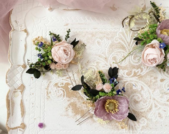 Hairpins for the wedding with poppy, bridal jewelry, romantic flower jewelry, dried flower jewelry, boho wedding accessories, bridal accessories