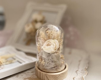 Wedding Ring Holder Artificial Rose Flower Gift Anniversary Present Glass Dome Display Cream Dried Bloom Wedding Keepsake for Bride Ring Box