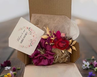 Elegant Bridesmaid Proposal Gift Box with Vintage Magenta Comb, Satin Scrunchie & Customizable 'Will You Be My Bridesmaid?' Card" magenta