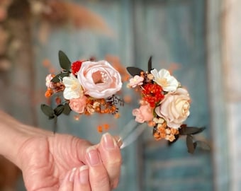 Enchanting Orange Floral Hair Pins with Preserved Greenery and Dried Accents for Weddings Hair Pins Floral Bridal Accessories