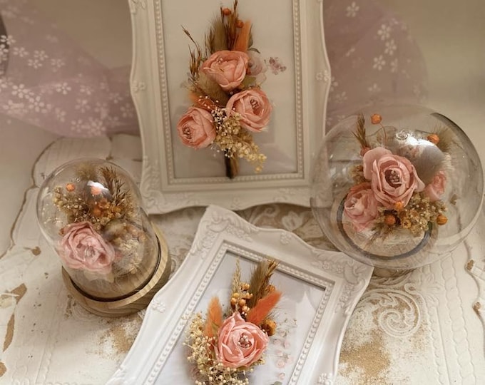 Beige Rose Arrangement Dried Flowers Wall Display Bedroom Decor Nursery Art Blush Beige Bloom Frame Wedding Keepsake Cottage Style Farmhouse