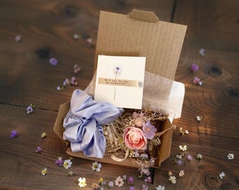 Whimsical Bridesmaid Gift Box with Pink & Purple Flower Hairpin, Blue Satin Scrunchie 'Will You Be My Bridesmaid?' Card gift proposal box