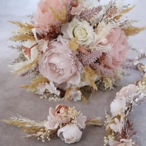 Wedding Set - Boho Style Bridal Bouquet,Wreath Boutonniere and Headband with Natural Materials and Premium Textile Flowers,