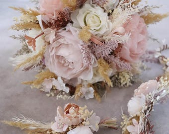 Wedding Set - Boho Style Bridal Bouquet,Wreath Boutonniere and Headband with Natural Materials and Premium Textile Flowers,