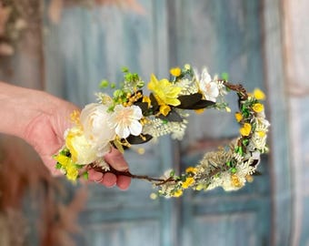 Summer Yellow Floral Hair Wreath with Preserved Greenery Bridal crown Boho wedding hair flowers Wedding Hair Accessory Bridal Headpiece