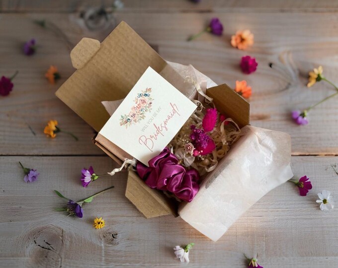Bold Magenta Bridesmaid Proposal Box with Dried Flower Bouquet and Satin Hair Scrunchie Will you be my bridesmaid gift proposal box
