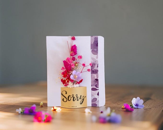 Apology card 'Sorry' in bold pink with dried flowers personalized messages Dried Flowers Card Dried Flower Bouquet,