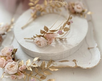 Elfenkrone in Gold,Edler Haarschmuck für die Braut im Vintage Stil,Elfenkranz,Romantische Blumenschmuck,Bridalflowers,Hochzeit Accessoires