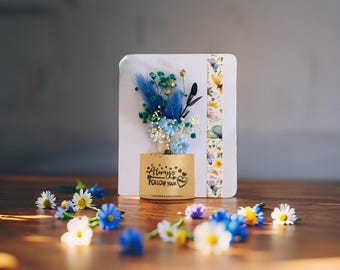 Blue Card 'Always Follow Your Heart' Card with Forget-Me-Nots and Gold Accents"Card Dried Flower Bouquet Personalized gift Memory keepsake
