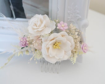 Boho Bride Hair Comb with Lavender, Wildflowers, and Dried Blooms - Romantic Floral Accessory Rustic Flower Hairpiece for Boho Weddings
