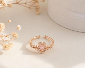 Adjustable Pink Heart Ring - Gold Plated Minimalist Jewelry - Romantic Floral Detail Ring - Heart Zirconia - Gift for Her - Elegant Ring