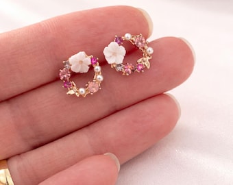 Gold Flower Wreath Jewelry Set - Pink Crystal Necklace & Earrings - Floral RoseGold Plated Jewelry - Delicate Gift for Her,Sparkling Pink Se