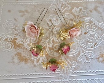 Elegant Pink Hair Accessories with Preserved Flowers for Brides,Soft Pink Floral Pins for Brides,Delicate Pink Bridal Accessories
