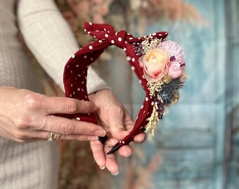 Retro Pin-Up Headband with Red and Purple Wildflowers Accessories Frida Kahlo Inspired Headband Wide Green Band Bridesmaid Boho flower crown