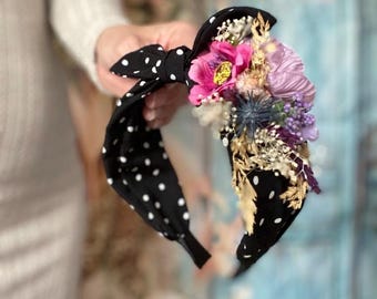 Elegant Black Pin-Up Headband with Purple Flowers Countryside crown Frida Kahlo Inspired Headband Bridesmaid Boho wedding flower crown
