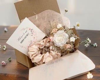 Timeless Bridesmaid Gift Box in Copper-Gold with Elegant Hair Comb Satin Scrunchie 'Will You Be My Bridesmaid?' Card Gift proposal box