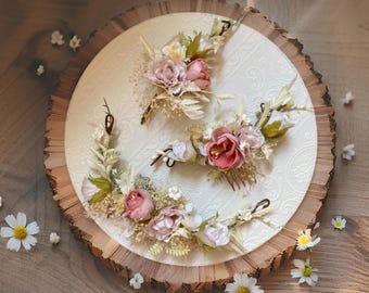 Romantic Pastel Wedding Hair Accessories Set for Bride, Bridesmaid Groom Wedding Flower Decor Bridal Wreath Boho wedding Rustic hair flowers