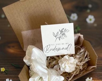 White bridesmaid proposal box with dried flowers and satin scrunchie gift Will you be my bridesmaid box Mini bridesmaid proposal