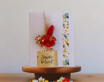 Elegant 'You Are So Loved' Memory Card with Orange and Red Dried Flowers Card Dried Flower Bouquet,