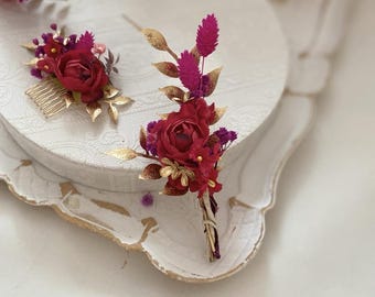 Elegant Gold and Magenta Groom's Boutonniere Set Chic Groom's Gold Floral Boutonniere Wedding Lapel Pin for Him