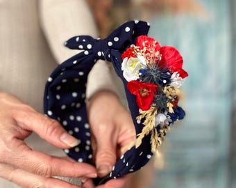 Retro Pin-Up Style Floral Headband with Poppies and Roses Original gift for her Bow headband Summer fashion accessory Meadow flowers wreath
