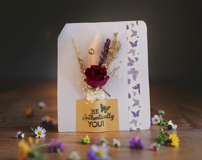Vintage 'Create Your Own Magic' Romantic Keepsake Card with Roses and Lavender"Card Dried Flower Bouquet Personalized gift Memory keepsake