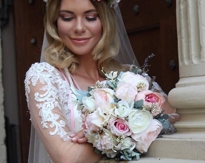 Wedding bouquet in white pink tones with high-quality textile flowers and preserved grasses, Boho Wedding Bouquet, Wedding Bouquet
